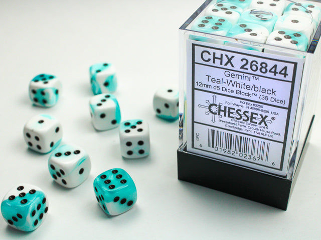 GEMINI 36D6 TEAL-WHITE/BLACK 12MM DICE SET