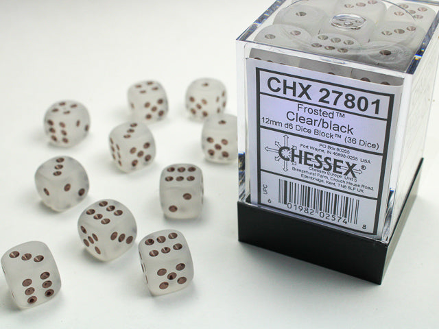 FROSTED 36D6 CLEAR/BLACK 12MM DICE SET