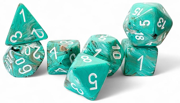 MARBLE 7-DIE SET MEGA-HEDRAL OXI-COPPER/WHITE DICE SET
