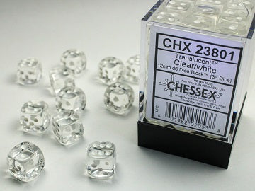 TRANSLUCENT 36D6 CLEAR/WHITE 12MM DICE SET