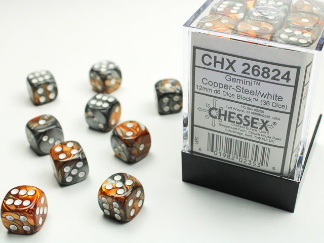 GEMINI 36D6 COPPER-STEEL/WHITE 12MM DICE SET