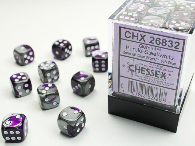 GEMINI 36D6 PURPLE-STEEL/WHITE 12MM DICE SET