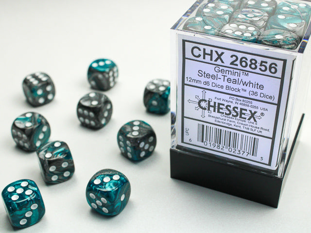 GEMINI 36D6 STEEL-TEAL/WHITE 12MM DICE SET