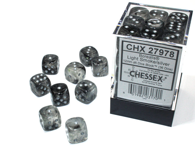 BOREALIS 36D6 LIGHT SMOKE/SILVER 12MM LUMINARY DICE SET