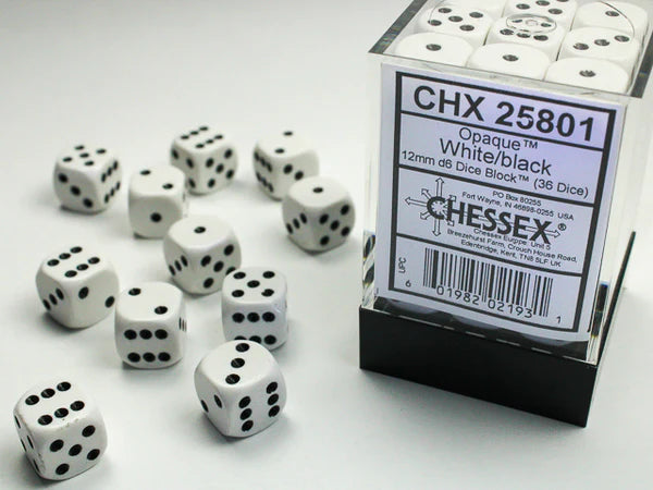 OPAQUE 36D6 WHITE/BLACK 12MM DICE SET