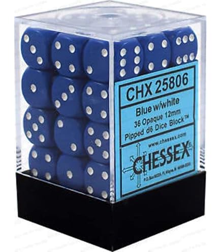 OPAQUE 36D6 BLUE/WHITE 12MM DICE SET
