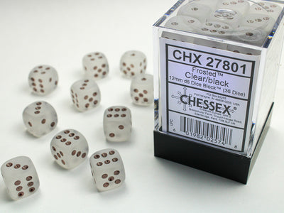FROSTED 36D6 CLEAR/BLACK 12MM DICE SET