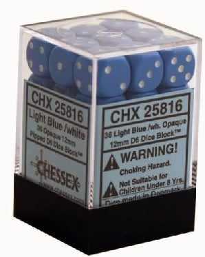 OPAQUE 36D6 LIGHT BLUE/WHITE 12MM DICE SET