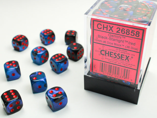GEMINI 36D6 BLACK-STARLIGHT/RED 12MM DICE SET