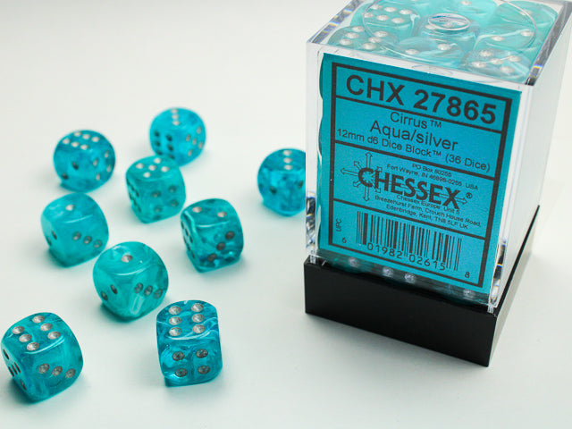CIRRUS 36D6 AQUA/SILVER 12MM DICE SET