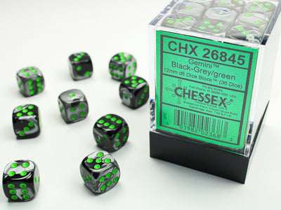 GEMINI 36D6 BLACK-GREY/GREEN 12MM DICE SET