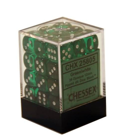 TRANSLUCENT 36D6 GREEN/WHITE 12MM DICE SET