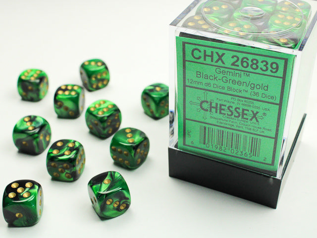 GEMINI 36D6 BLACK-GREEN/GOLD 12MM DICE SET