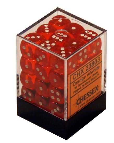 TRANSLUCENT 36D6 ORANGE/WHITE 12MM DICE SET