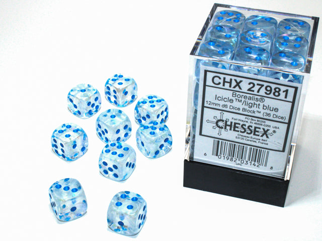 BOREALIS 36D6 ICICLE/LIGHT BLUE 12MM LUMINARY DICE SET
