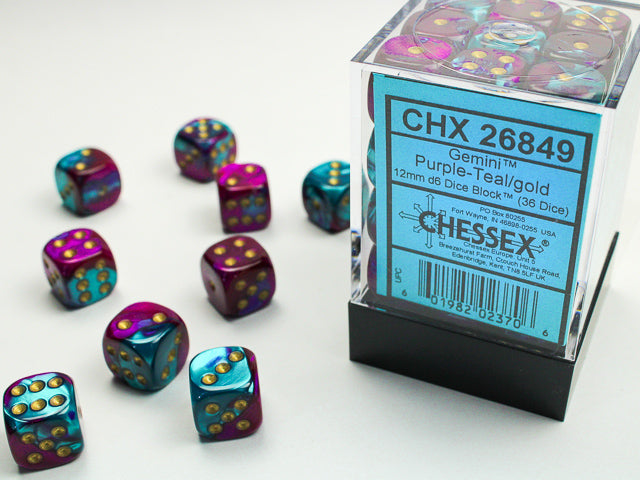 GEMINI 36D6 PURPLE-TEAL/GOLD 12MM DICE SET