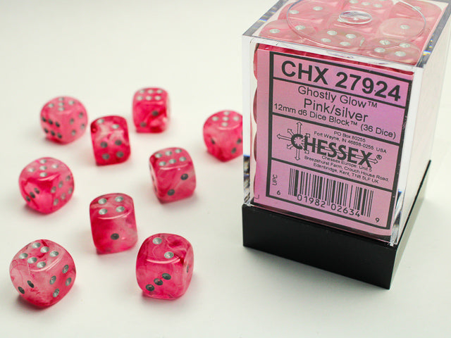 GHOSTLY GLOW 36D6 PINK/SILVER 12MM DICE SET