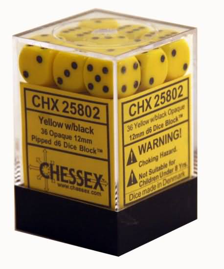 OPAQUE 36D6 YELLOW/BLACK 12MM DICE SET