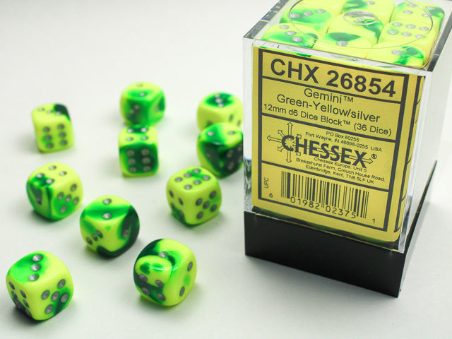 GEMINI 36D6 GREEN-YELLOW/SILVER 12MM DICE SET