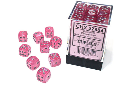 BOREALIS 36D6 PINK/SILVER 12MM LUMINARY DICE SET