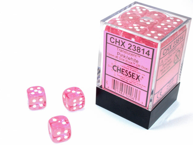 TRANSLUCENT 36D6 PINK/WHITE 12MM DICE SET