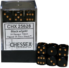OPAQUE 36D6 BLACK/GOLD 12MM DICE SET