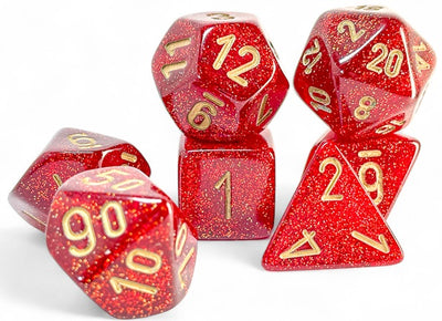 GLITTER 7-DIE SET MEGA-HEDRAL RUBY/GOLD DICE SET