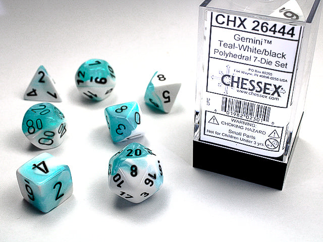 GEMINI 7-DIE SET TEAL-WHITE/BLACK DICE SET