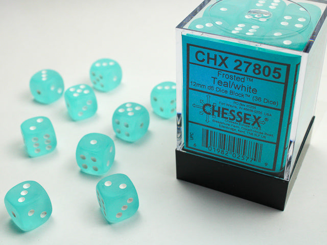 FROSTED 36D6 TEAL/WHITE 12MM DICE SET