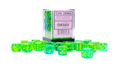 GEMINI 36D6 TRANSLUCENT GRN-TEAL/YELLOW 12MM DICE SET