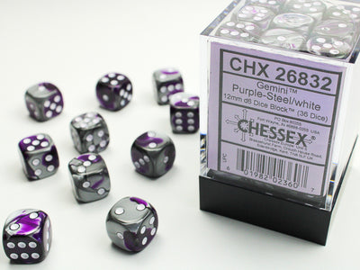 GEMINI 36D6 PURPLE-STEEL/WHITE 12MM DICE SET