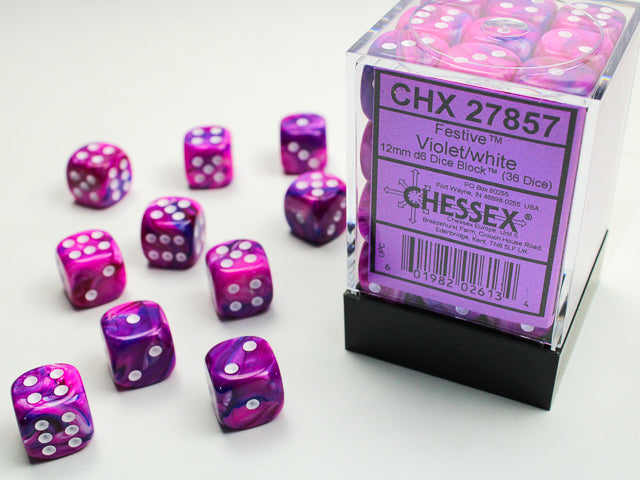 FESTIVE 36D6 VIOLET/WHITE 12MM DICE SET