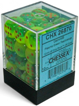 GEMINI 36D6 PLASMA GREEN-TEAL/ORANGE LUMINARY 12MM DICE SET