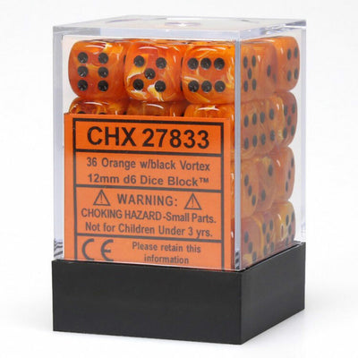 VORTEX 36D6 ORANGE/BLACK 12MM DICE SET